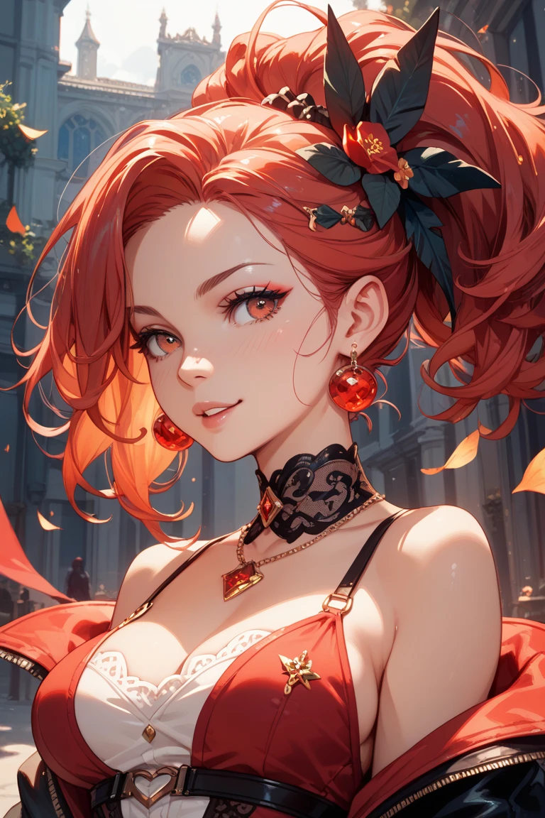 (Masterpiece: 1.4, Best Quality), (Intricate Detail), Unity 8k wallpaper, super detailed, beautiful and beautiful, perfect lighting, (1 girl), (jujube red hair, dark eyes, medium breasts), dynamic pose, dynamic angle, lipstick, medium breasts, detailed background, realistic, solo, perfect detailed face, detailed eyes, highly detailed, blush, hair accessories, smile, bright leather textured clothes --auto --s2