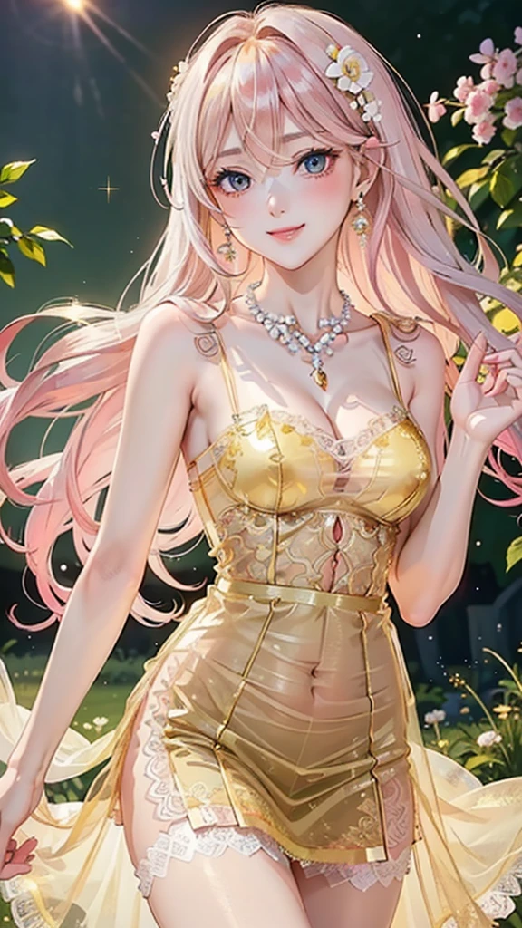 (masterpiece, high quality, 4k, 8k:1.4), 1girl, solo, pink hair, brown eyes, double-parted bangs, long hair, (mature female, mature:1.2), mole under eye, earrings, white flowy dress, close up, detailed face, beautiful detailed eyes, beautiful detailed lips, extremely detailed face, long eyelashes, intricate details, chair, sitting in chair, indoors, living room, bookshelf, potted plants, standing lamp