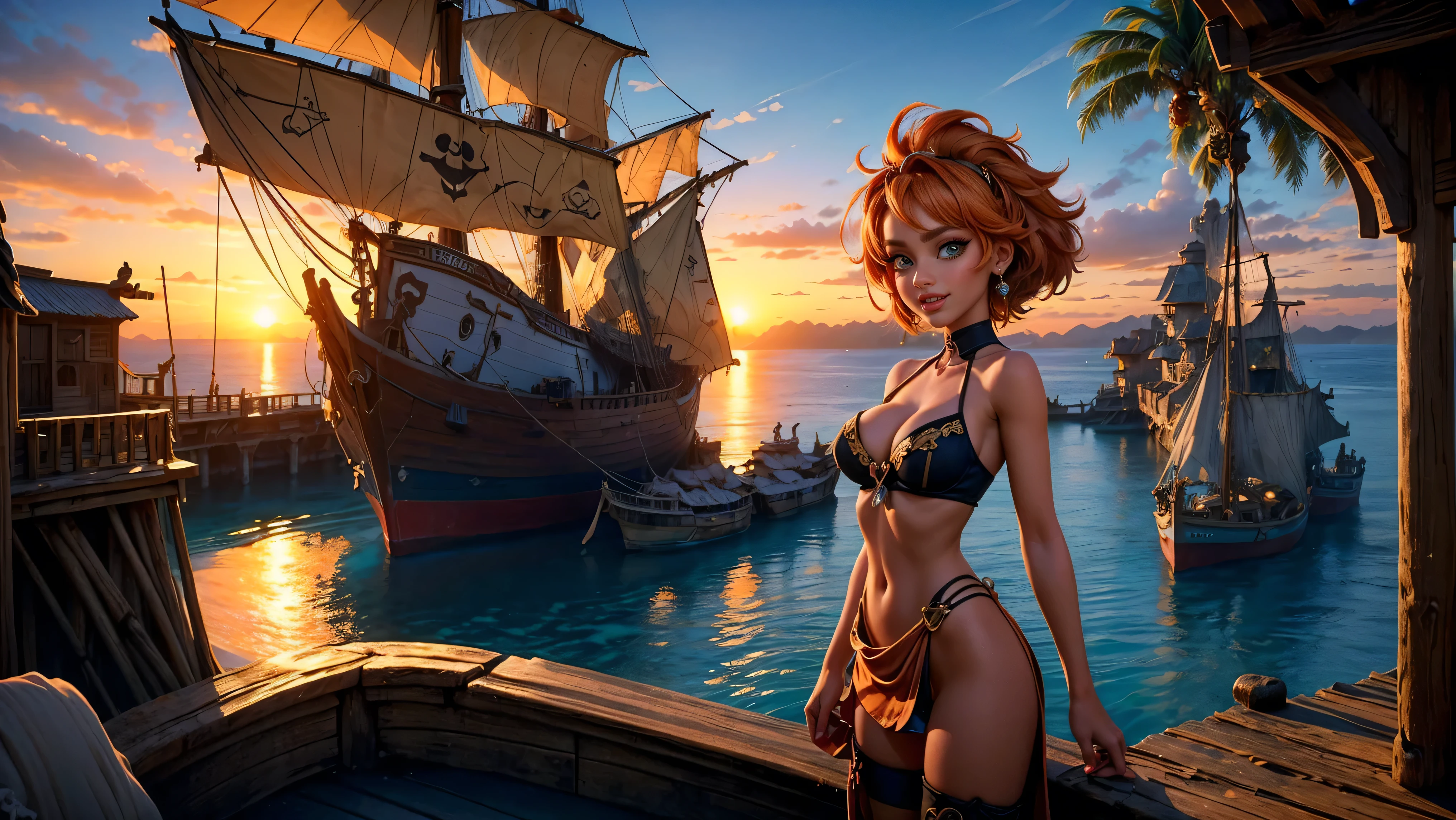 NSFW, ((12year old)), (()), ((littlegirl)), ((little)), ((dark tan skin)), ((cute young pirate girl)), ((wench)), ((on the docks of Port Royal)), The Caribbean in the background during sunrise, ((1girl)), ((solo)), ((messy hair)), ((orange colored hair)), ((skinny)), ((petite)), ((young girl)), ((large expressive eyes)), ((big smile)), ((round breasts)), ((cleavage)), ((formfitting clothes)), ((painted on clothes)), ((semi-transparent clothes)), ((thighhigh boots)), ((fantasy setting)), ((tropical, ocean, sunrise, coastal town, pirate sail ships, pirate haven)), 