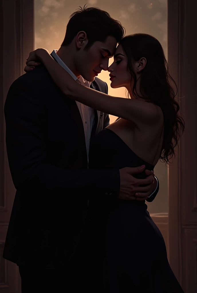 I want the silhouette of a girl in some kind of darkness, a room or something specific, the girl has very long black hair, green eyes, fine nose, red lips and very pale skin. She wears a red dress. She will be clinging to a guy who looks like Sebastian Stan., very attractive, black fur, black eyes, pale skin, dressed in a black suit.