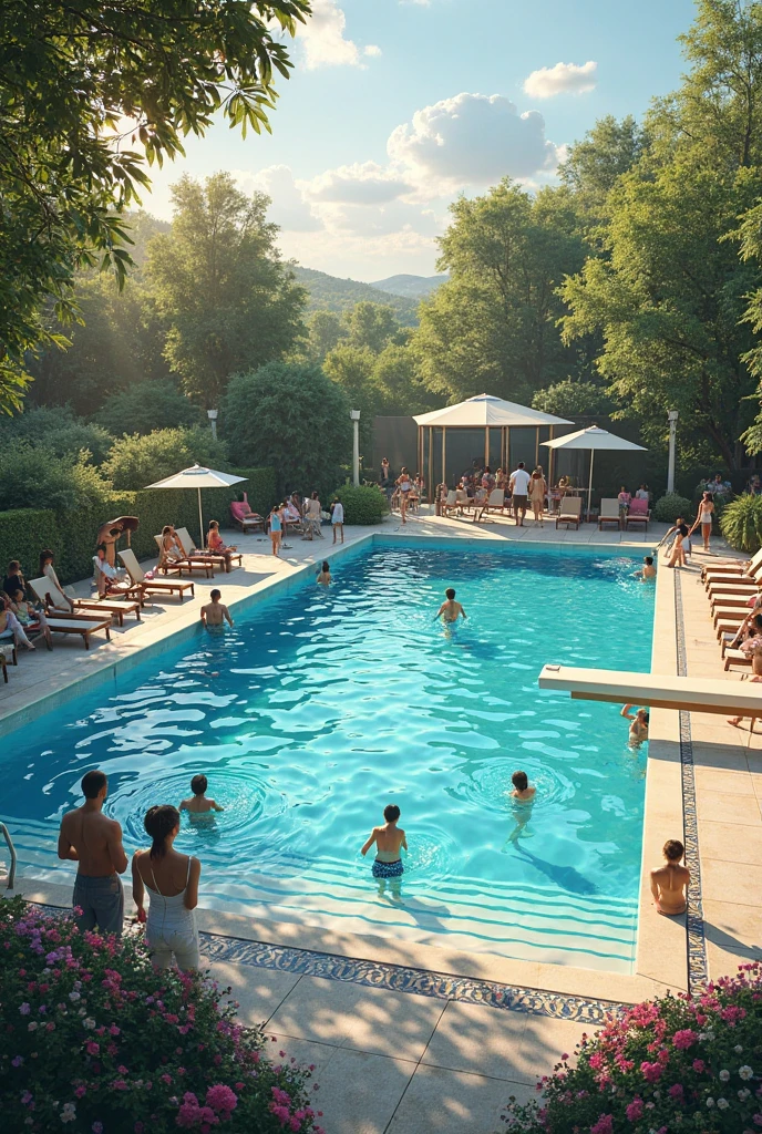 Poolside in midsummer, young people, distant view, high quality.