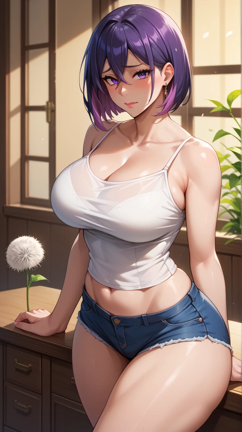 1 girl, big breasts, SERIOUS LOOK, blush on the cheeks, (short purple hair), She is wearing a sleeveless shirt and a short black skirt, pose sensual