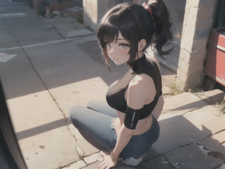 (masterpiece, best quality:1.2), cowboy shot, solo, 1girl, yukinoshita yukino, ((smile face:1.4)), ((looking at viever:1.4)), ((short jeans:1.4)), ((black tank tshirt:1.4)), ((underboob:1.4)), ((black pantyhose:1.4)), ((full body)), ((squating:1.4)), ((spread legs)), park, playground background, ((black converse shoes)),