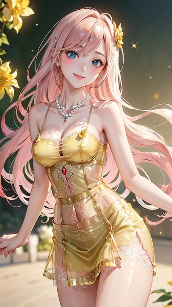 {{{{masterpiece}}}}, {{{Ultra-detailed}}}, {{{High resolution}}}, {{Excellent anatomy}}, (((highest quality))), ((Very delicate and beautiful)), {{Very detailed and delicate}}, {8k CG wallpaper},、Extremely detailed, solo, Perfect Face, Beautiful face, Highly detailed face,(Mastepiece), (Best Quality)、One female、Best Style、Beauty、The most beautiful woman in the world、(((Yellow sheer dress:1.5))),((Big Breasts))、(((Pink long hair)))、a 黄色 tree lined path with leaves on the ground, breath-taking Beautiful trees, breath - taking Beautiful trees, Blossoming Road to Heaven, Bright but gloomy gold, Golden Autumn, wonderful, Yellow carpet, Yellow hue, Beautiful trees,Golden Leaf, During the fall、