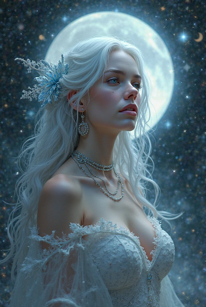 masterpiece, best quality, an ultra hot gorgeous European woman, age 23, (colorful),(finely detailed beautiful eyes and detailed face),cinematic lighting,bust shot,extremely detailed CG unity 8k wallpaper,white hair,solo,smile,intricate skirt,((flying petal)),(Flowery meadow) sky, cloudy_sky, building, moonlight, moon, night, (dark theme:1.3), light, fantasy, (((snowy landscape)))