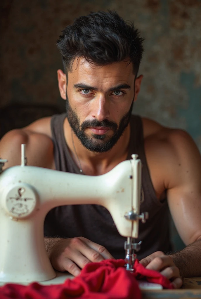young, Beautiful, handsome, white, skinny, soft skin, beautiful face, shirtless, Knitting clothes with a grandmother using an old sewing machine