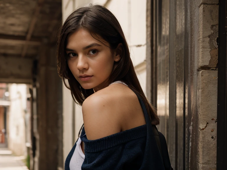Mujer. Buen cuerpo. Morocha. Vestida de un top rosa. Campera recortada. Shorts de cuero. Pelo negro dos trenzas.