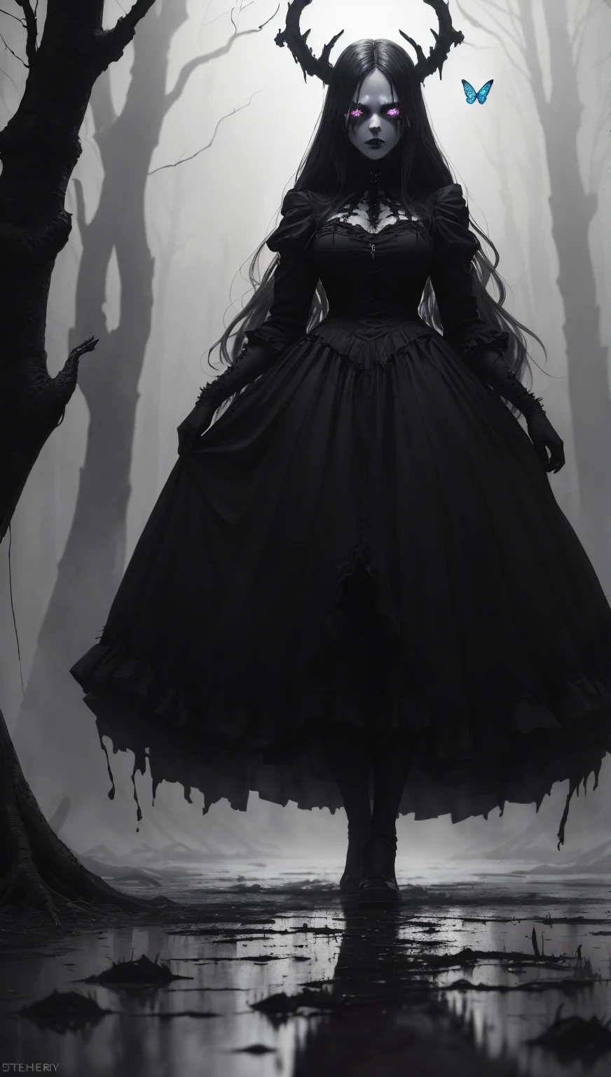 monochrome, drama, stuck in bog,high-neck style, closed Puritan dress, short mini-dress, hips, high-neck dress, aristocratic hairstyle, stockings with garters, red lips, goth, aristocratic, gloves