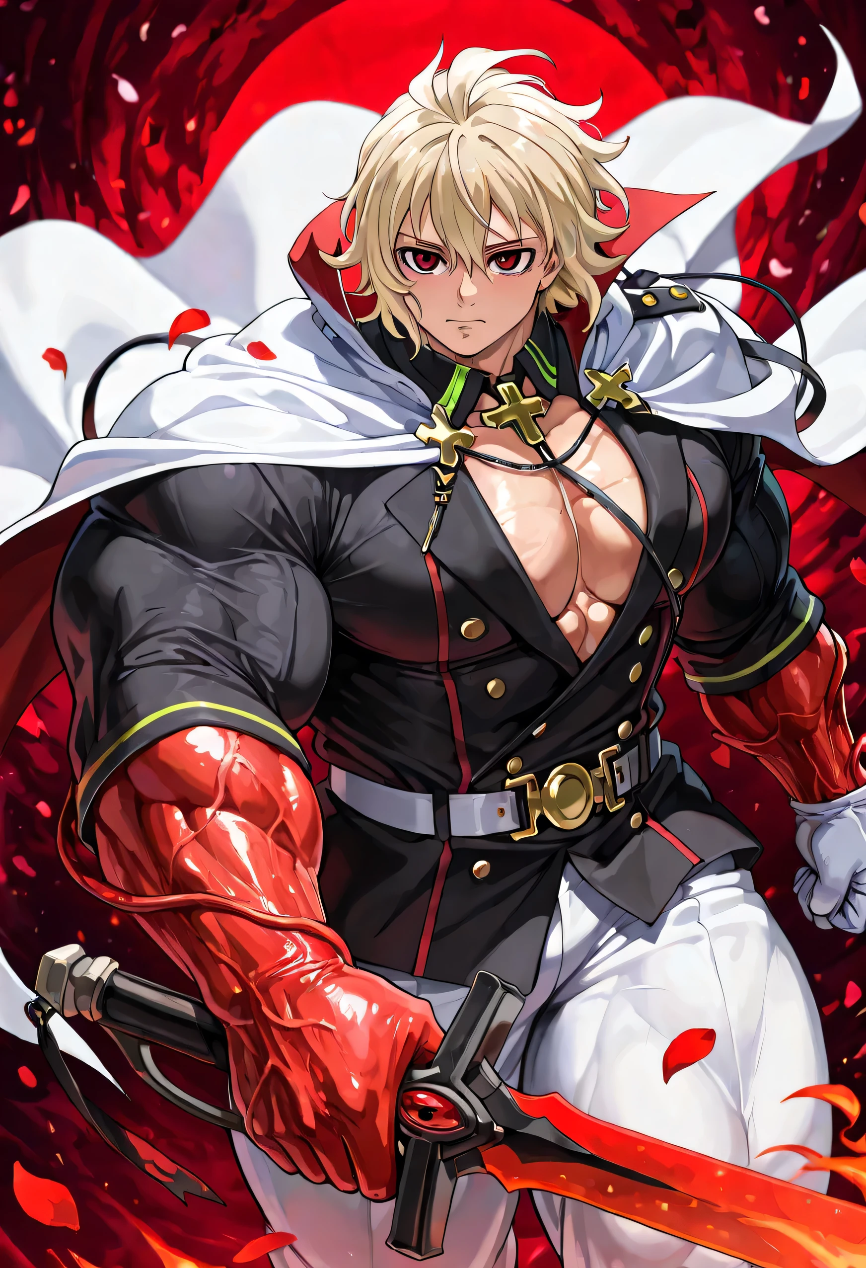 ultra detailed, HDR, highres, absurdres, masterpiece from, Mika Hyakuya , wavy blonde hair, expressive red eyes, white cape, Owari no seraph, white vampire clothes, red glittering butterflies, petals , fantasy, rote Rosen, sexy mann, very sexy mann, Alone, Alone, very sweet, extremely detailed face and eyes, handsome, glittering, white gloves, red background , red flames, cross, vampire, white clothing , white pants, a red swordfight, Those_Anime-Series, complex details, ( hypermusculose , muscular man , huge muscles, very muscular man , very sexy mann), V-neck, (red bloody tendrils, that wind around his sword hand), ((big muscles, huge musclesk, gigantic muscles ,enormous muscles ,thick forearms, huge pectorals)),