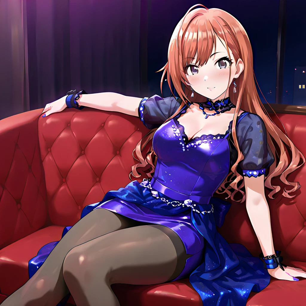 (8K、top-quality、masterpiece:1.2)、(realisitic、ultra-detailliert、超A high resolution,beautifull detailed face,perfect body,beautiful clavicle,perfect lighting,constriction,beautiful detailed skin,skin texture,(1girl),(evening dress,a line dress,blue dress:1.0,choker),sitting a chair,crossing legs ,(long hair,blaid hair:1.2, red hair, purple eyes,large breasts,slim weist,large ass,make up),beautiful scene,professional lighting,midnight,in party venue, masquerade ball, candlestick, chandelier ,classic band,crowd,fluffy hair,flufiy skirt,lovely smile,calm,cute and beautify face,shiny skin,sexial attractive,erotic
