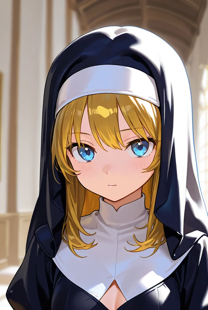 8k, highres, masterpiece, ultra-detailed, (high detail:1.1), 1girl, (huge breasts:1.05), (blonde hair, long hair, wavy hair:1.15), blue eyes, kneeling, looking up, upper body, from above, (church), (nun:1.1), stained glass window, holy, cross, <lora:naughty_to_nice_v3:0>