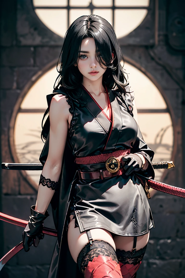 8K,Close-up portrait of a person holding a sword in front of the full moon、A very beautiful cyberpunk female ninja、Black-haired mohawk、holding a katana、holding a katana、Inspired by Yoshigai Kano、woman samurai、Knives、large sword、demon samurai、from arknights、Ghost Beast Waiter、She with a sword、kunoichi、Dramatic Katana Wielding Pose、(tiny chest:1.4)