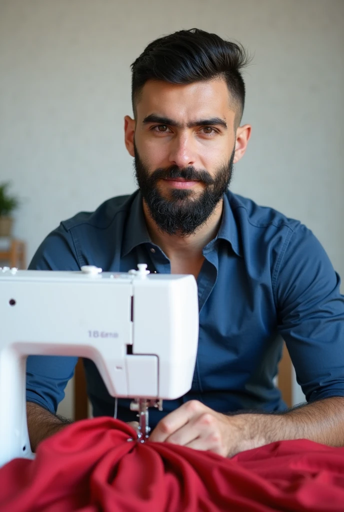 Real image of a latin model man with short black hair athletic body, short beard, with a black shirt and white pants, Sewing on a sewing machine