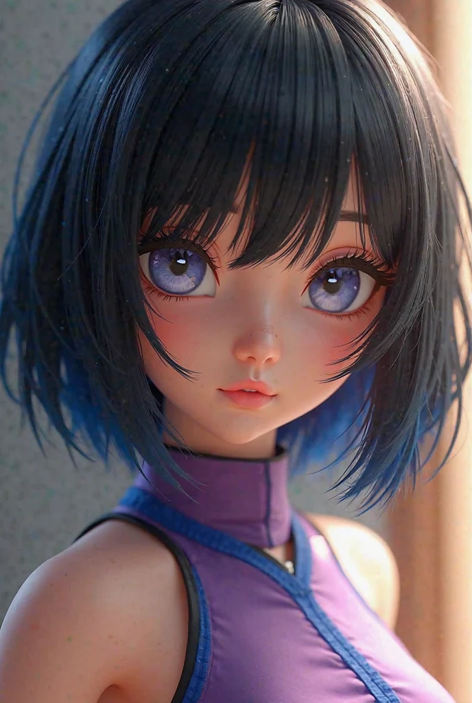 1 chica, Asian, con vestido azul y corto, cabello largo y negro, pechos medianos, ojos azules, gran trasero,