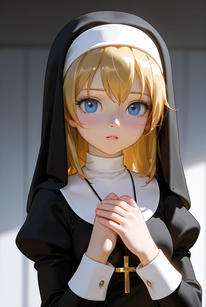 Ultra realistic   girl 8 years old,    body  , long blonde hair frinje braided , nun ,  seios  planos  ,   , pantie  , menacing  face ,  dungeon  .