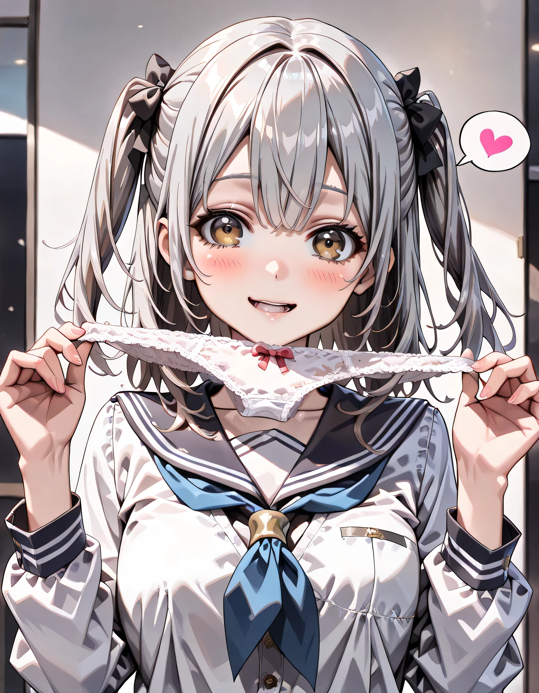 ((ultra-detailed)), (highly detailed CG illustration), (best quality:1.2), ultra-highly detailed, colorful composition, artistic photoshoot, 1girl, solo focus, ((upper body:1.4)), moe anime character, age girl, dainty facial structure, (baby face), (round face), ((rounded chin:1.2)), celia-default, celia claire, (blue eyes), ((silver hair color)), ((two side up hair)), ample breasts, school uniform, sailor suit, traditional Japanese style with navy blue and white colors, :q, licking lips, one eye closed, ((grin:1.3)), ((blush:1.4)), ((looking viewer)), ((holding a white panties:1.4)), ((spoken Heart:1.4)), ((pink heart background)), from front, best quality, masterpiece, expecting, pink cheek, blush, light pink gloss slip, portrait, depth of field, soft lighting, sidelighting, (shine), lighting, caustics, ray tracing, smile, perfect face, lustrous skin, highly detailed face, highly detailed eyes, perfect face, perfect nose, perfect hair, perfect eyes, perfect anatomy, beautiful hair, beautiful small face, extremely detailed face, beautiful detailed eyes, beautiful clavicle, beautiful body, beautiful ample breasts, leavage, breasts squeezed together, equalize the size of the left and right breasts, beautiful thin thighs, beautiful legs, beautiful fingers, 4 fingers, 1 thumb, lovely, (very detailed background:1.0), (highly detailed background:1.0), spring aesthetic, intricate details, joyful atmosphere, spring colors palette, chromatic aberration