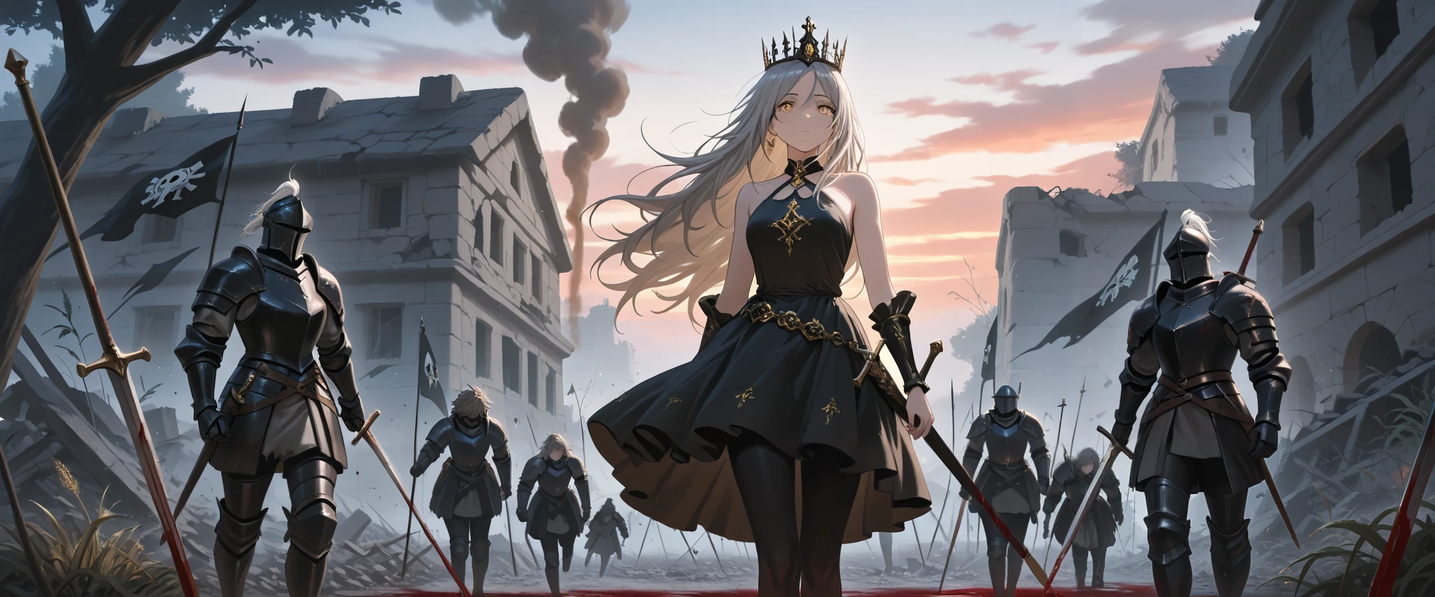 (masterpiece:1.2, Best Quality), (finely detailed beautiful eye: 1.2), (beautiful detailed face), close up, thin , messy hair, yellow eyes , long hair , gray hair, light skin , yellow eyes , gray shirt , black dress, collared dress, sleeveless, halter neck, black crown, black leggings, thin legs, many gemstone rings, holding black flag, thin thighs , swordbelt , sword sheathe , sword pommel, exiting ruined house, marching alongside army in black armor, ruined fantasy village, blood stains, smoke, ruins, debris, trees, tall weeds, armored soldiers in background, standing next to taller guards in armor, dusk, puddles,