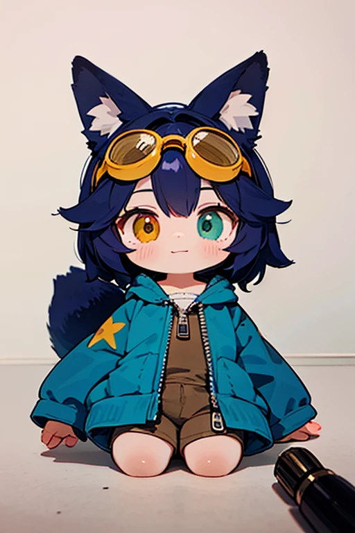 8k, wallpaper, Detailed, wolf ears, short black hair, purple eyes, cute eyes, happy, chubby, white coat, scars, bikini top, leather pants, sky, clous, detailed backgrounds, falling, stars

