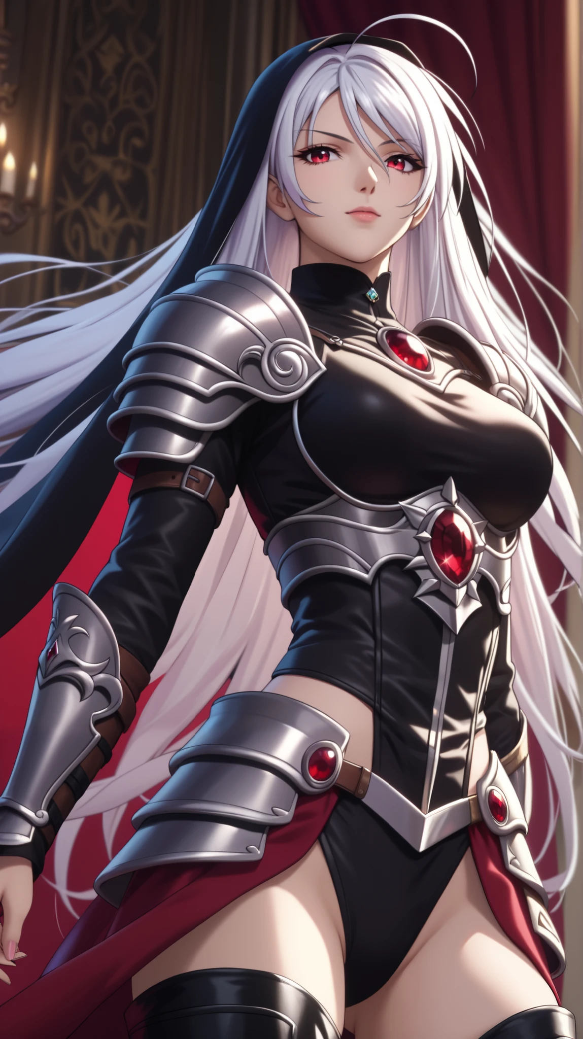 vampire moka akashiya, long hair, red eyes, ahoge, white hair, large breasts, (Mysteriously crafted black metal armor:1.3,Black breastplate:1.3, leather thigh-high boots, Clear Gems and Precious Metal Decorations , Exquisite Armor Details ,Black Veil)
