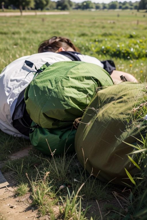 (((Masterpiece))), (high quality), one Japanese boy, 18 years old,(tall and thin,sleepy droopy eyes, long face, (thin cheeks:1.2),(black shaggy short hair,blank expression:1.5),(khaki outdoor jacket,Olive cargo pants,Black trekking shoes,Black Rucksack,Full body portrait:1.5),(The background is a forest at night:1.5),(Lying in the woods at night,Lying directly on the ground,Fainted,lying down and closing your eyes:1.5)