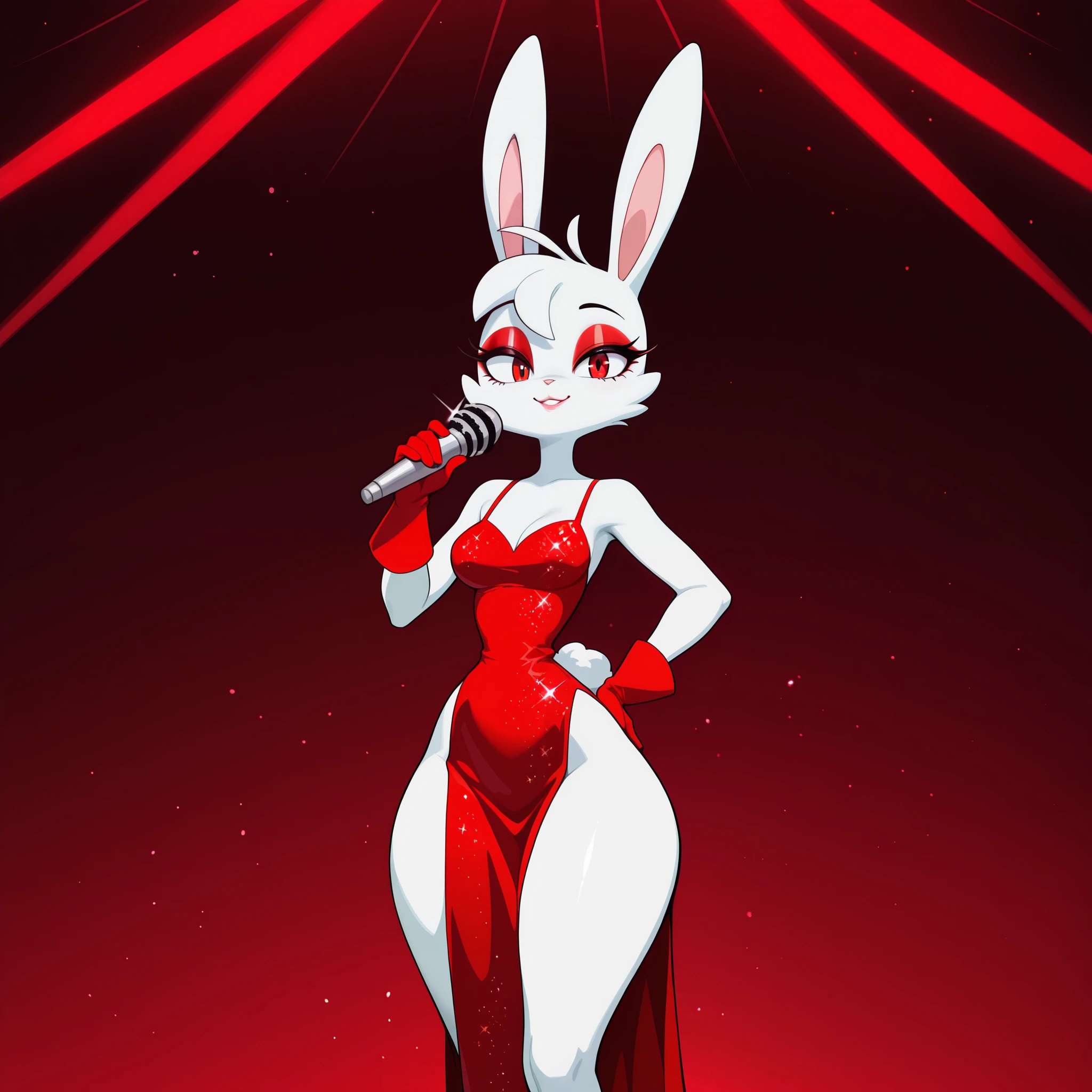 1girl, solo, anthro furry, bunny, red eyes, makeup, eyelashes, eyeshadow, white fur, medium breasts, narrow waist, wide hips, thick thighs, long red evening dress, side slit, sparkly dress, long red gloves, smile, cute, hand on hips, holding a microphone, standing, looking at viewer, night club background, from the front view, diives