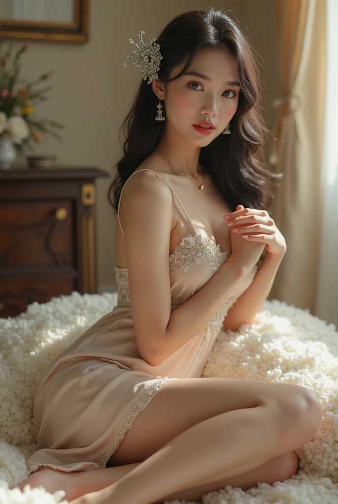 ((((highest quality))))、(((Ultra-precision CG16K wallpaper)))、(((masterpiece)))、(((Super detailed)))、(((super extreme details)))、1people's women、mature woman、25 year old woman、((chinese face))、((very beautiful face))、((Zuo々Ki Nozomi:1.5))、((straight semi-long hair:1.3))、(shiny hair)、bangs up to eyebrows、beautiful brown hair、beautiful delicate eyes、brown eyes、raised eyebrows、high nose、small nostrils、small mouth、seductive lips、mouth slightly open、beautiful breasts、C cup size breasts、cleavage、plump body、perfect proportions、perfect anatomy、perfect composition、beautiful detailed shading、beautiful natural lighting、beautiful detail glow、Depth of the bounds written、(((High chroma)))、(((real:1.9)))、((vivid:1.4))、((beautiful skin))、((skin texture))、((realな皮膚感))、(((cowboy shot:1.5)))、((Angle seen from the front:1.5))、((smile:1.4))、(Eyes looking at me:1.5)、Curtain room、bright sunshine、(((sit on a cushion:1.6)))、(sitting pose:1.5)、(((Beige lace mini dress:1.6)))、