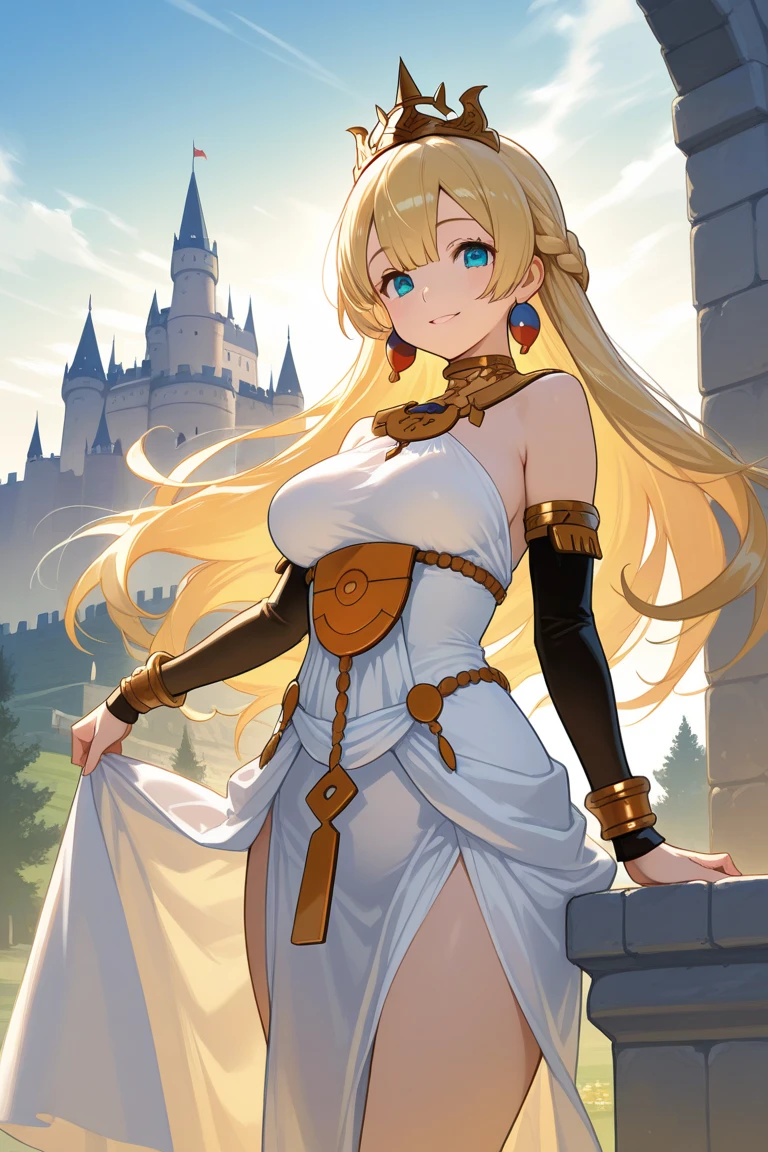 Close-up of a woman in a dress with a sword, anime goddess, blonde hair princess, ((Beautiful Fantasy Empress)), Beautiful Fantasy Empress, elegant pose, , Elf Queen, Charming elf princess knight, an Elf Queen, Princess Hyperborea, blonde goddess, Anime blonde girl with long hair, portrait of an Elf Queen