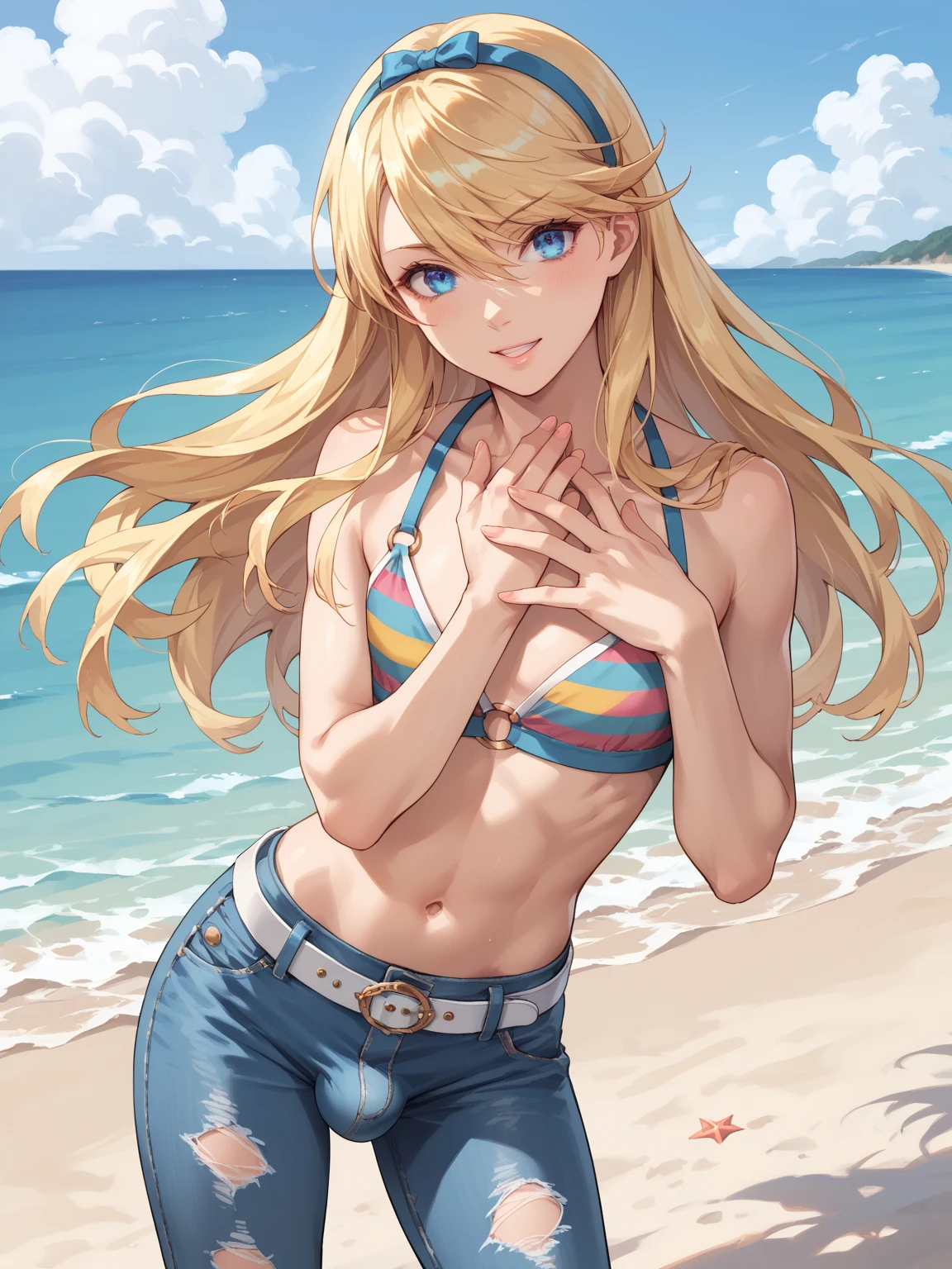 a woman is posing as a hot blond with pink hair and bikini, 1girl, swimsuit, bikini, breasts, jewelry, solo, blonde hair, bracelet, shorts, kitagawa marin, multicolored hair, navel, choker, umbrella, long hair, necklace, denim, pink hair, bead bracelet, denim shorts, print bikini, black bikini, looking at viewer