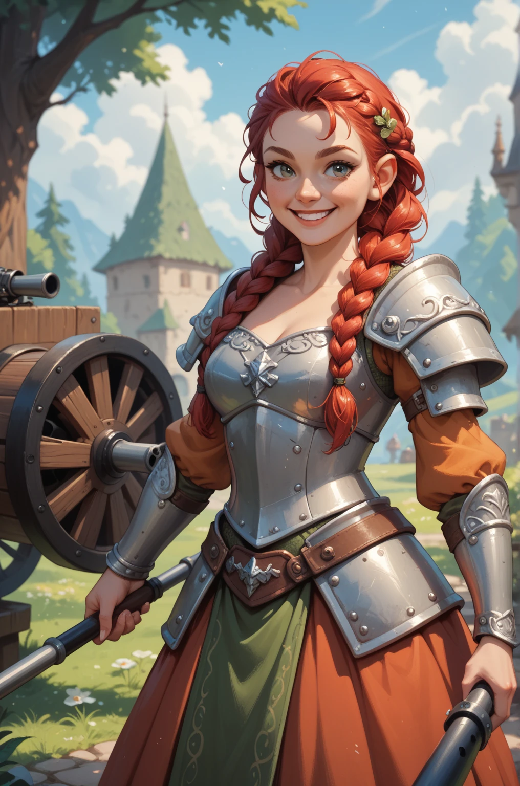 score_9, score_8_up, score_7_up, source_cartoon,
IronBreaker, mature female, curvy, orange hair, freckles, green eyes, armor, holding axe, shield,
looking at viewer, smile, blush, hearts, flushed cheeks, sweat,
 <lora:Ironbreaker_PonyXL:0.65>