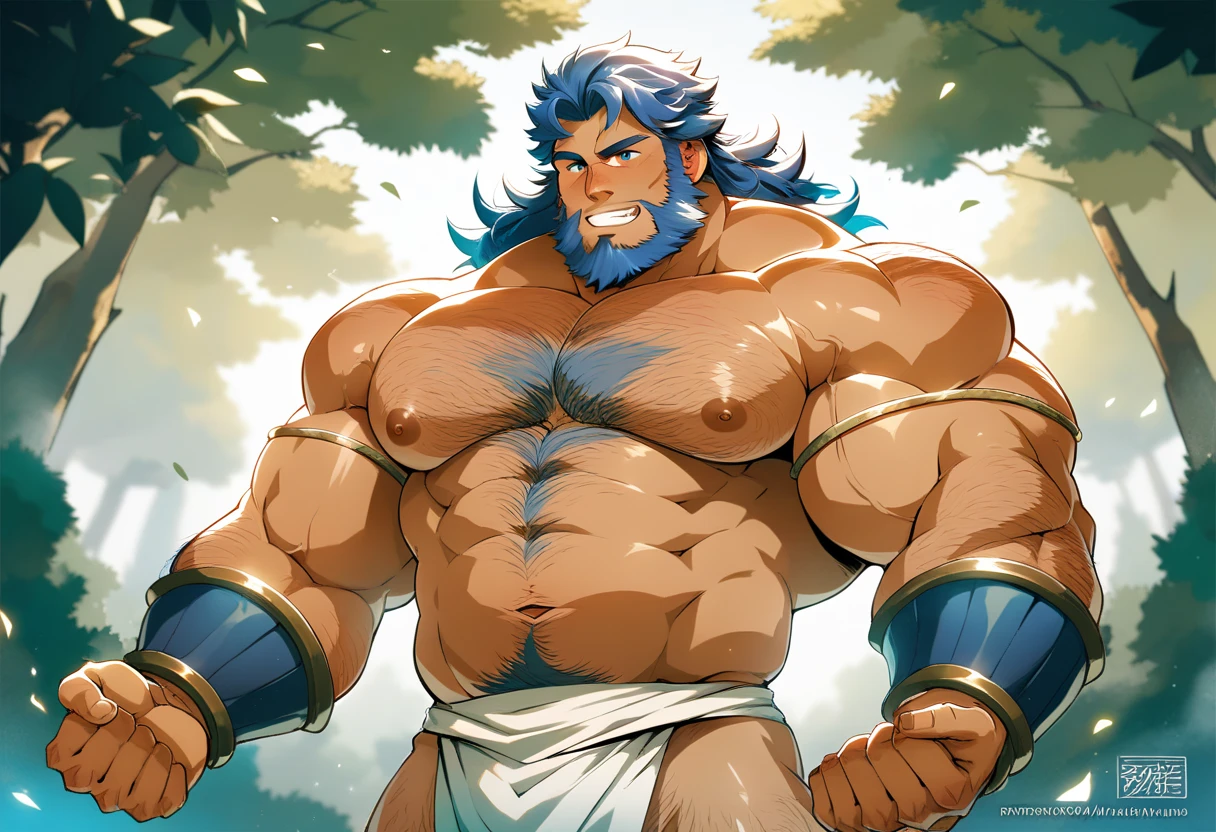 A tanned brown skinned naked muscular super hairy man with a brown skin, a big amount of chest hair, a big black beard, black hair, with big ,and some cum on his abs and some scars, raising both hands wide open as he is smirking while having a side smile, let him have a pierced in his nipple and make him in the style of Overwatch characters as Cassidy reference naked big so big cock big show his whole body with his hairy leg and a lot of body hair hairy chest so much hair and white cream on his chest and someone else sucking his and cum on his body so much white liquid on his chest and his face looks so horny and sexy cumming from his