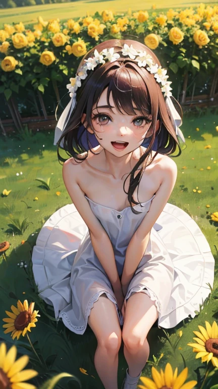 ((Highest quality)), ((masterpiece)), (detailed), A large amount:1.2),extremely detailed cute anime face, (((Flat Chest))), (Flat Chest:1.1),((((Short Bob Hair)))),Complex eyes,beautiful detailed eyes,Symmetrical eyes,(((detailed face))),beautiful detailed lips, If you look at this, (((Embarrassing))),(emotional expression),(My heart is pounding with anticipation.), A translucent white dress reveals her skin、Nipples stand out under clothes,String panties,Aboard,Open your mouth ,Heavy breathing ,((blush)),((((Backwards)))),Stick your butt out、Show me your ass、Put a chrysanthemum flower in your anus、Looking up at the sky、On all fours,