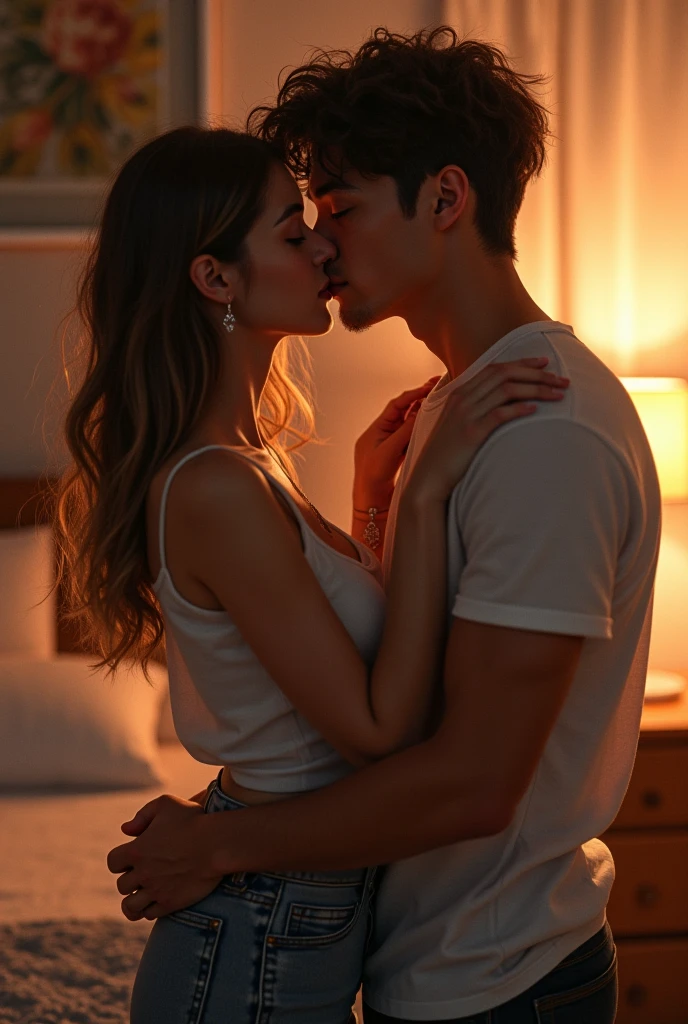 A boy and girl kissing in bed with no dress