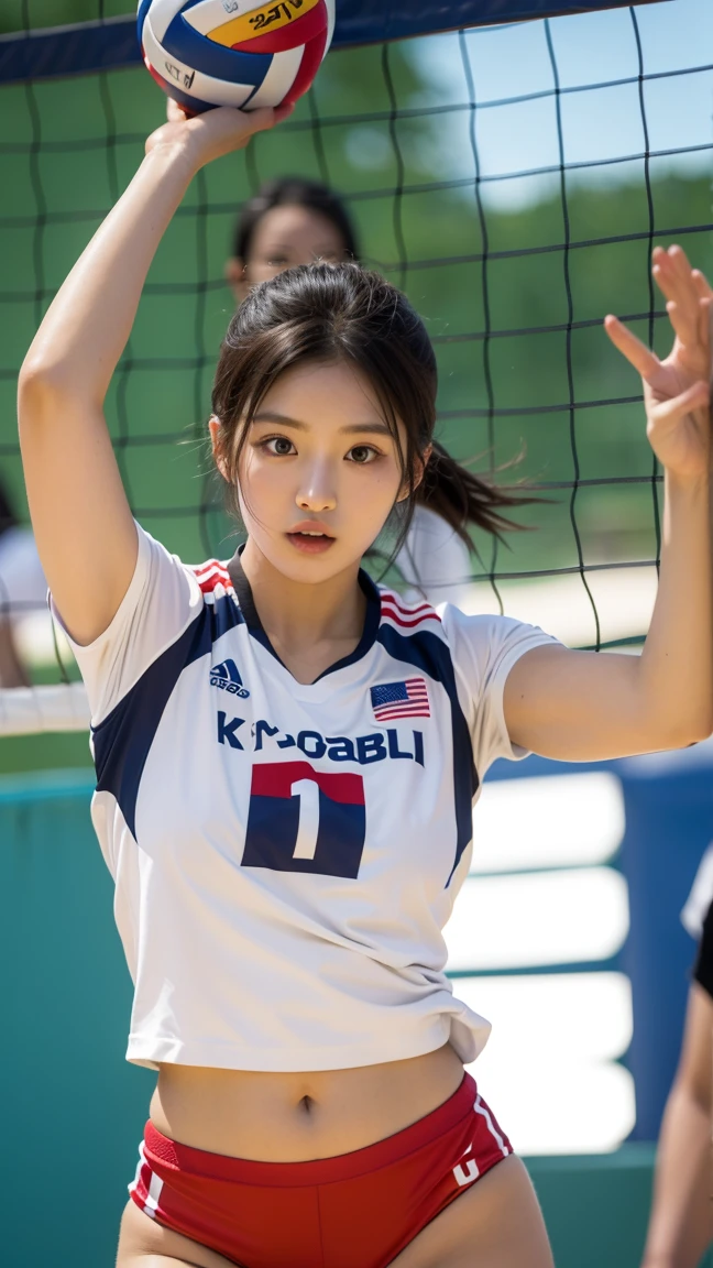 1girl,smile,looking at viewer,upper body,masterpiece,best quality,top quality,ultra highres,8k hdr,8k wallpaper,RAW,huge file size,intricate details,sharp focus,natural lighting,realistic,professional,delicate,amazing,finely detailed,beautiful detailed,colourful,volleyball_uniform,