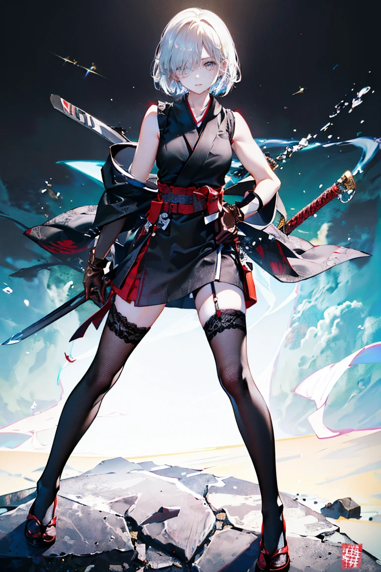 Girl, Navel exposed, Wearing black socks and boots, Holding a sword, Being attacked by enemies, He closes his eyes in pain and cries, Wearing a jacket