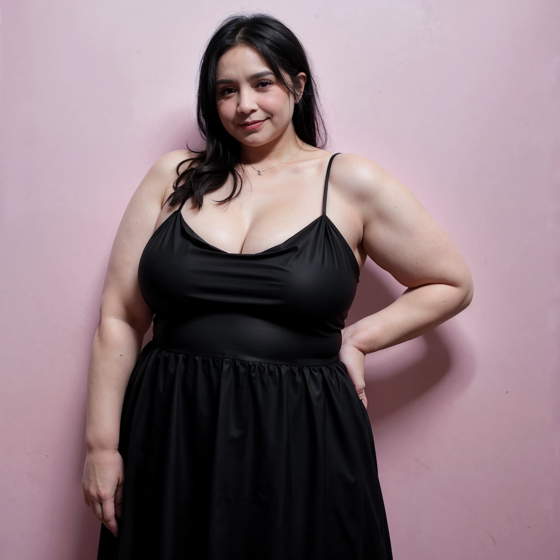 there is a woman that is taking a picture in the mirror, she is wearing a black dress, full body picture, taken in the early 2020s, cute black dress, zoomed out full body, wearing a black dress, she has a jiggly fat round belly, taken in the late 2000s, Big tits, huge tits, no clothes, sexy, cute, wide hips, thick thighs, pear-shaped body, minimal clothes, thick, bbw, chubby stomach, thick nipples, nipple piercings, large areola, hard nipples, piercing through shirt, nipples hard through shirt, busty, major cleavage, naked, ripping through top,  spilling over sides, bra too tight, giant tits, dominatrix, dominatrix clothes, fat stomach, fat belly showing, grabbing sexy jiggly fat round belly