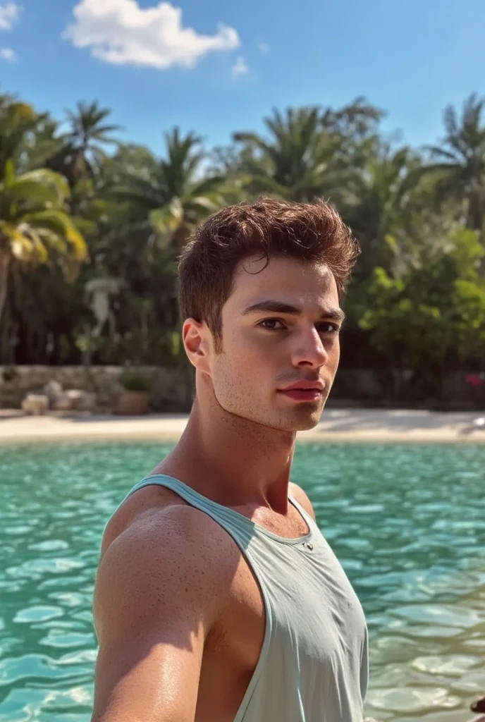 a handsome wearing underwear, upper body, outdoor, 28yo, caucasian, darelljones, ultra realistic, highres, solo, american boy, tropical forest, chill vibe, (masterpiece,best quality:1.5)