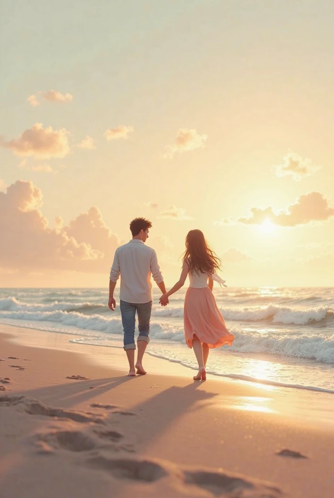 Draw a landscape of men and women holding hands walking on the seaside at sunset