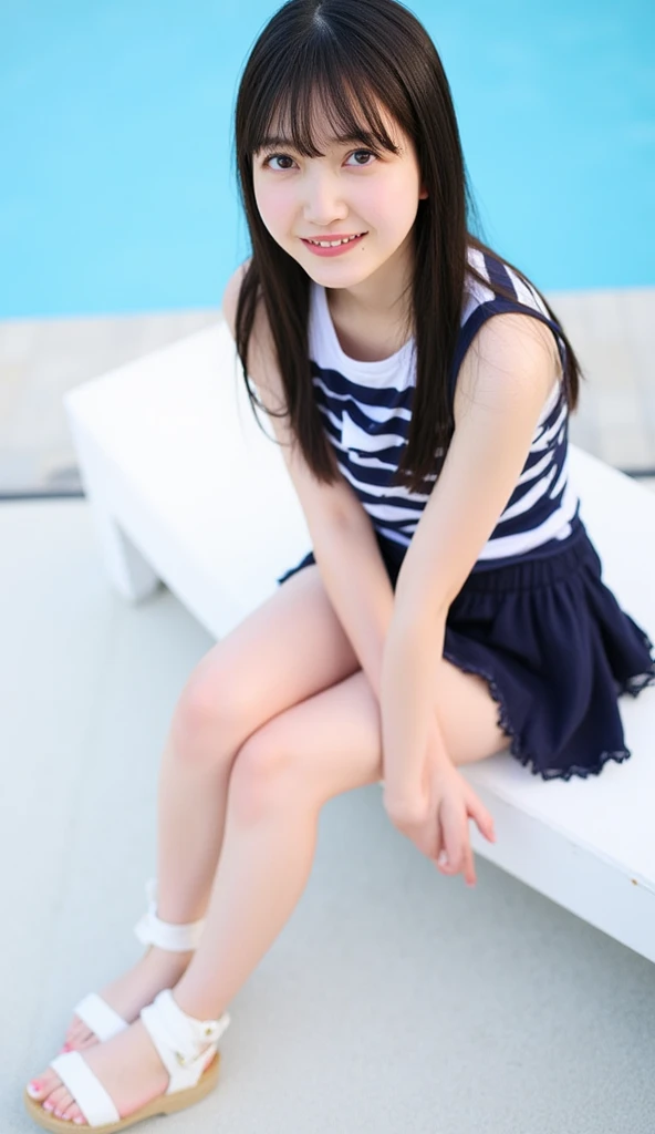 One was wearing a short skirt,Gray-white stone statue of a little girl with bangs