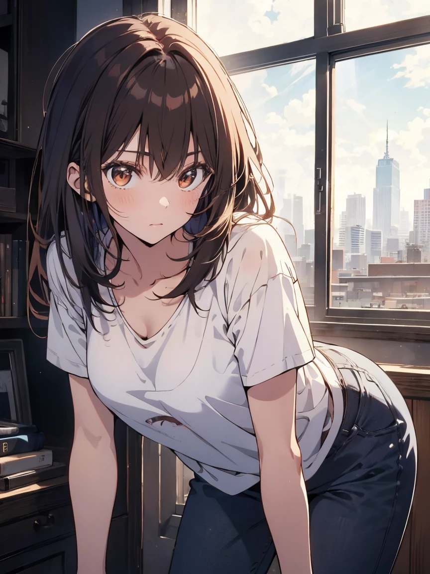 delicate colors, bright colors, beautiful, downblouse, loose t-shirt, leaning forward, brown hair, long hair, leaning forward, loose t-shirt, downblouse, Cleavage, long hair, illustration, cowboy shot, anime, UHD, masterpiece, high quality, UHD, masterpiece, ccurate