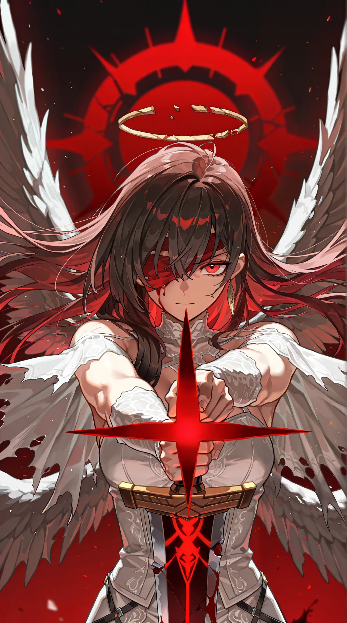 by [arknights|(748cmstyle:0.5)], mature, young adult, masterpiece, best quality, amazing quality, very aesthetic, high resolution, ultra-detailed, absurdres,
1girl, woman, solo, alone,(dynamic pose, looking at viewer, upper body focus, three quarter view, close-up:1.2), bloody blindfold, bloody face, broken halo, flying, Seraphim, multiple wings, torn wings, white lace, white fantasy attire, red star, bleeding sun, corrupted judge, justitia, justice, injustice, holding a broken greatsword, pointing a greatsword to the ground,
BREAK, depth of field, volumetric lighting
 