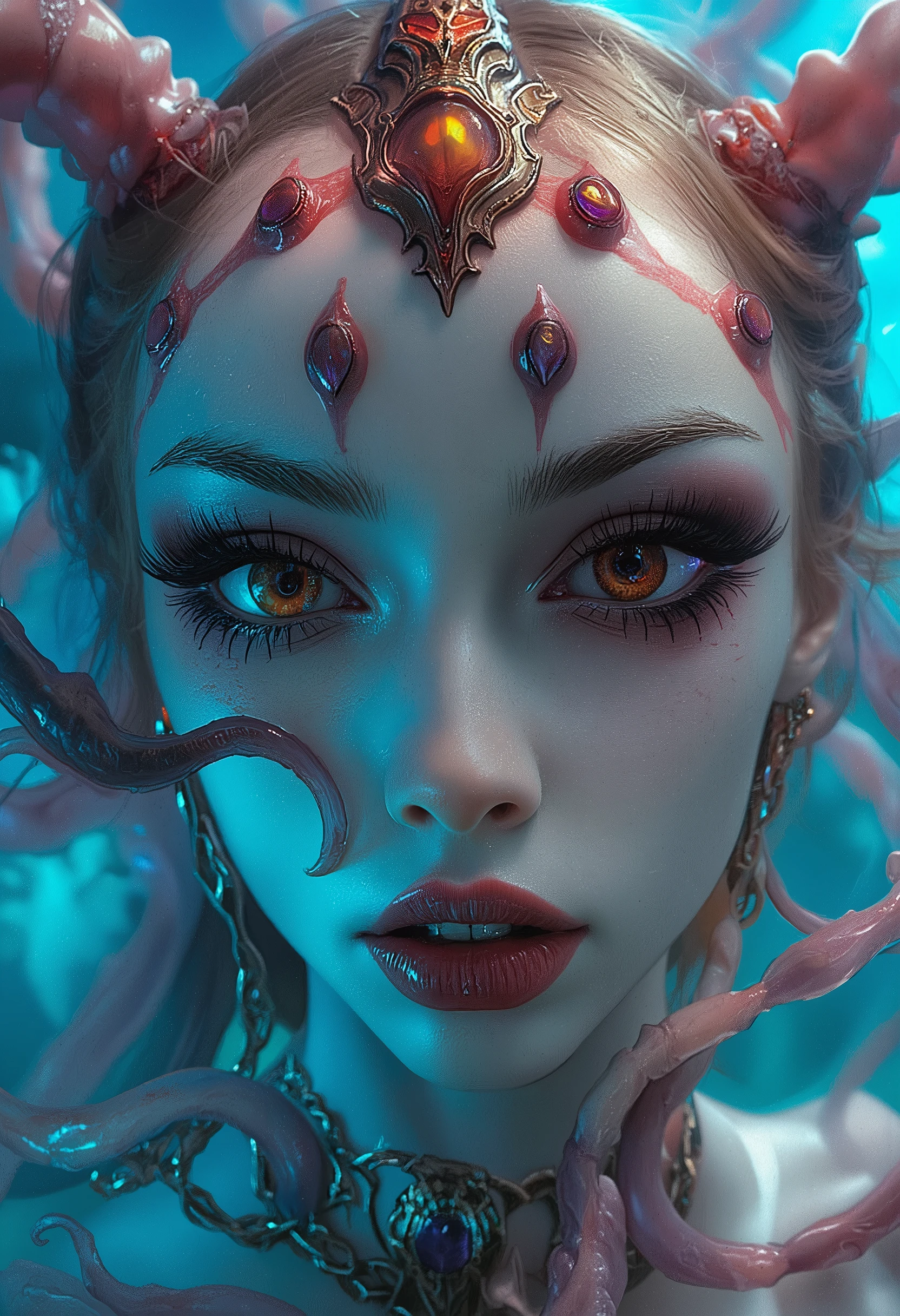 (4 iridescent eyes:1.5), four eyes, scary and sexy detailed art in color, Portrait, (beautiful and obscene female alien:1.4), (vulgarity1.7), (Translucent white skin:1.4), (There is a female genital-like organ in the middle of the forehead:2.3), (The most beautiful face in the history of the universe:1.2), an evil gaze that seduces, (sharp vampire teeth :1.0), Full body portrait, (bio luminescent:1.2),(Lots of translucent tentacles:1.8) , Neon Colored, in the deep sea, dramatic pose, four eyes,
