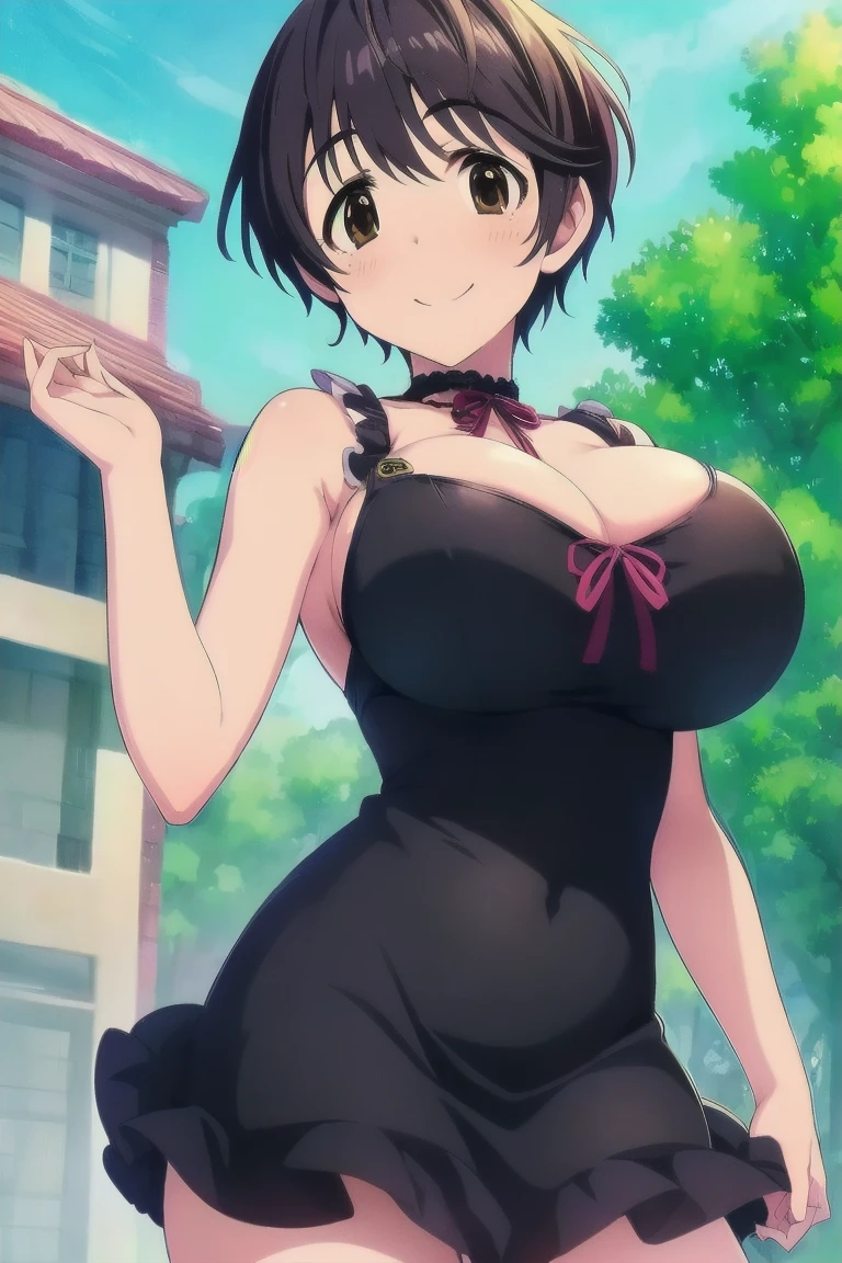 (masterpiece:1.4、top-quality、illustration:1.4,realistic、)、(character focus、,upper body:1.3)、(1girl),(happy smile:1.3),(cute),cute face,blue eyes、(cute)、
,(stand:1.4),(black hair bun),
,(slender),（loose dress:1.3),
(),(Saggy breasts:1.8), (huge breasts:1.3)、
、slender、