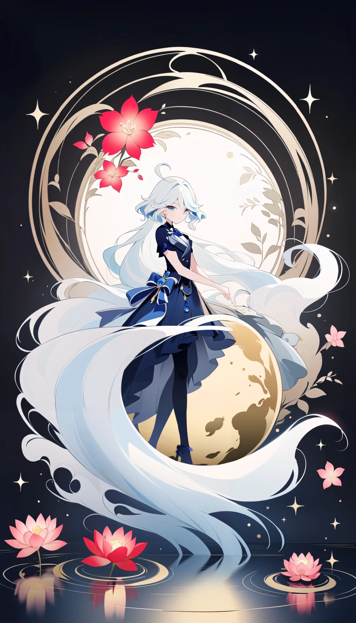 (Anime line drawing:1.5), (inverted colors:1.4), (negative space:1.6), minimalist, dark background, bright white glowing lines, Furina from Genshin Impact, graceful mask, serene expression, flowing hair, surrounded by delicate glowing flowers. Neon ink effect, high contrast, negative film style. Add feng shui elements: red glow (Fire), blue ripples (Water), green floral (Wood), gold sparkles (Metal), brown circles (Earth). Elegant, artistic.