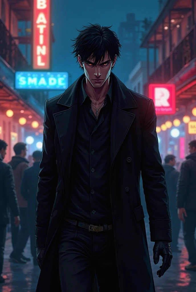 A young man, with black hair, wearing a black overcoat, on top of a building overlooking a darkly predominant night town, smoking a cigarette looking out over the city. In anime style