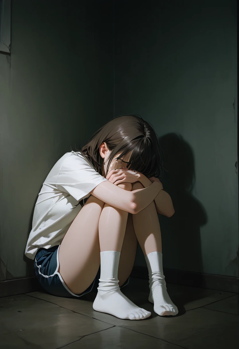 Location: gymnasium, window, backmost seat, 14-year-old woman, wearing a sailor suit, hairstyle with black ponytail, squatting, black view, whole body visible, facial expression crying, only the lower half of the body is very wet There is a yellow puddle at my feet, --auto