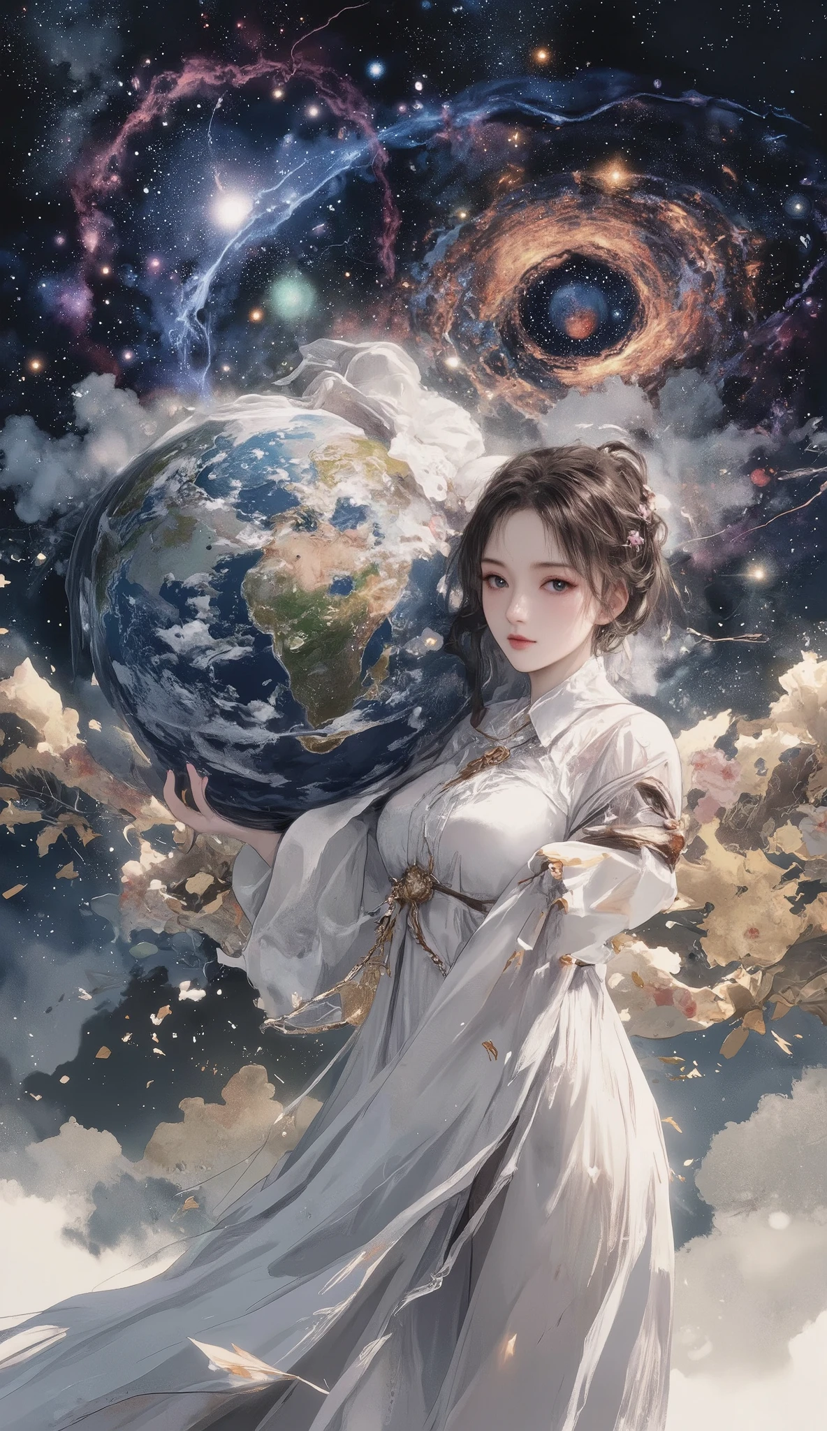 masterpiece, Best Quality,ultra resolution, perfect anatomy, one woman, detailed face、is carrying a very heavy and large Earth、White fabric clothes、beautiful and mysterious galaxy in the background、figurative 、Dramatic、dynamic、absurd、metaphysics