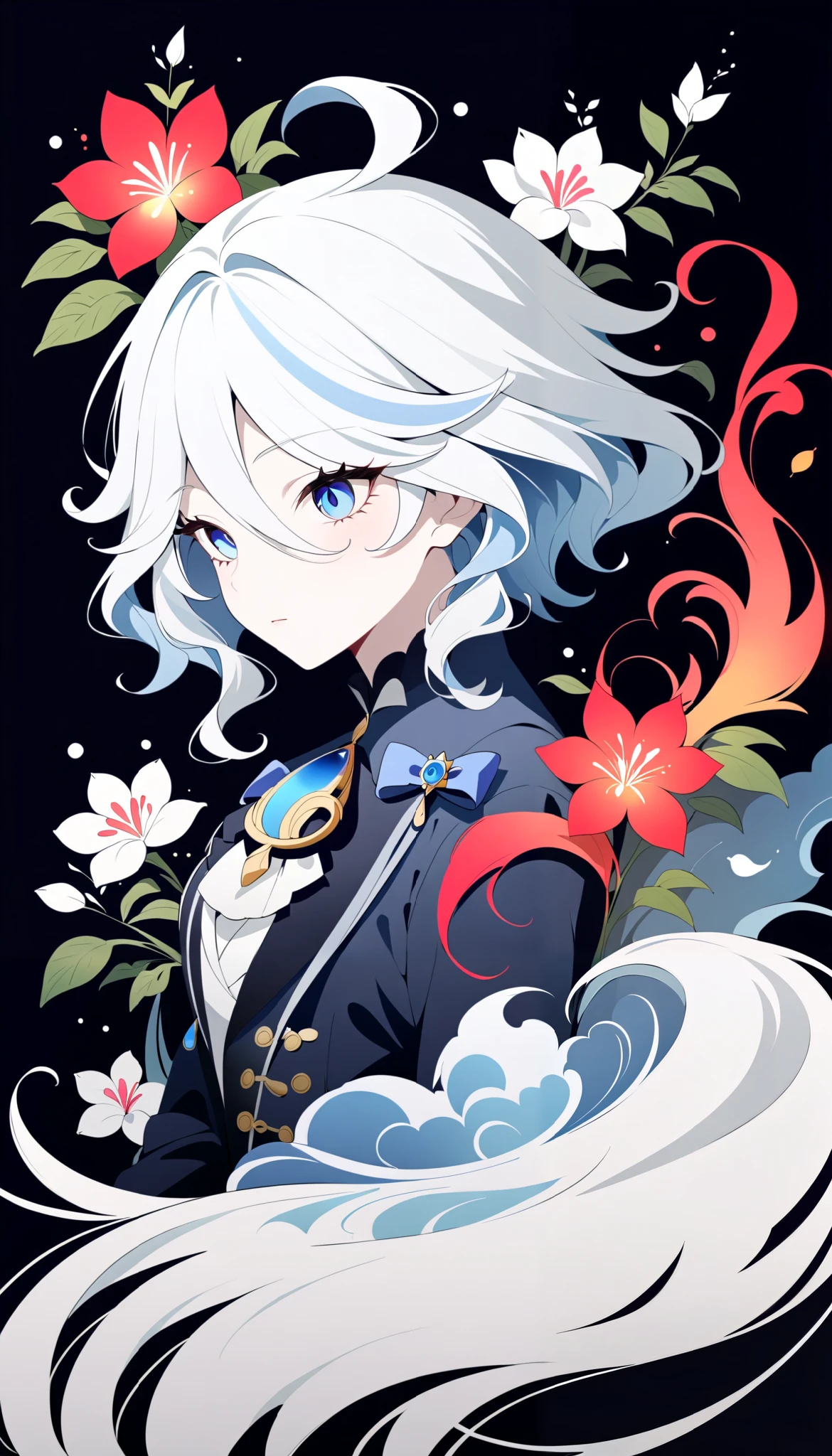 (Anime line drawing:1.5), (inverted colors:1.4), (negative space:1.6), minimalist, dark background, bright white glowing lines, Furina from Genshin Impact, graceful mask, serene expression, flowing hair, surrounded by delicate glowing flowers. Neon ink effect, high contrast, negative film style. Add feng shui elements: red glow (Fire), blue ripples (Water), green floral (Wood), gold sparkles (Metal), brown circles (Earth). Elegant, artistic.