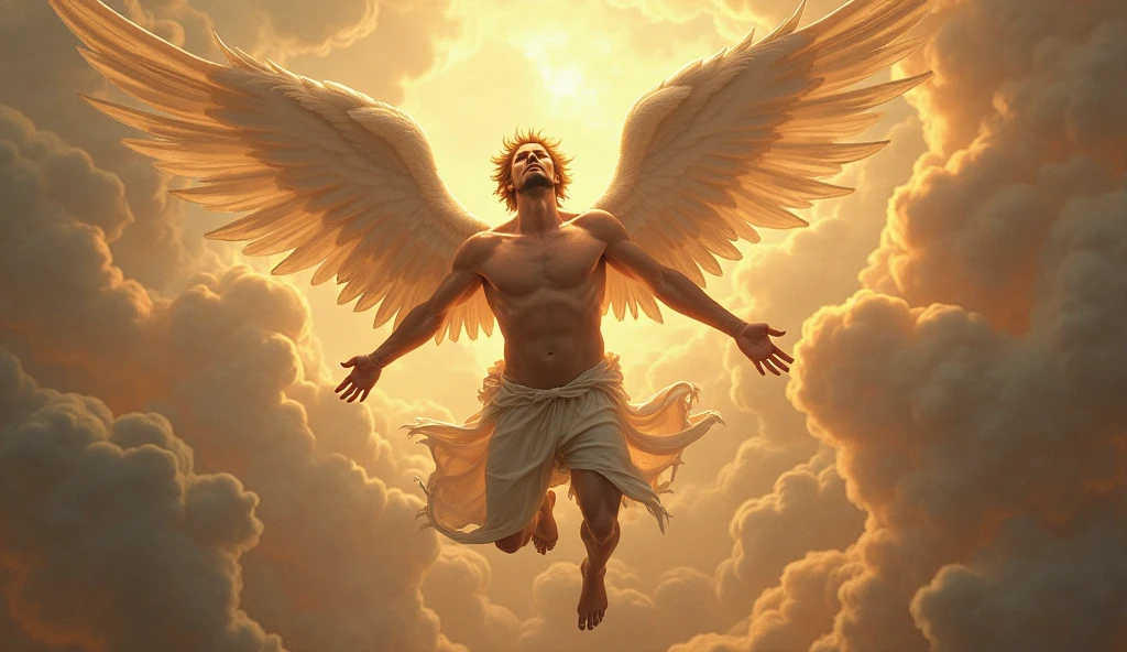 The flight of Icarus burning his wings close to the sun With some birds close to him and Greece in the background