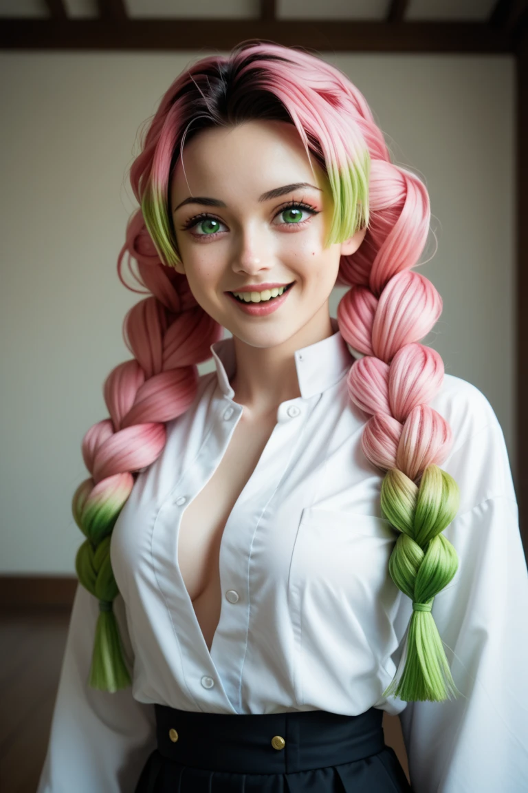 there is a woman with pink hair and green hair posing, colorful pigtail, long bubblegum hair, pink white and green, draped in fleshy green and pink, loish and wlop, anime cosplay, pink twintail hair and cyan eyes, 2b, 2 b, anime girl cosplay, long pigtail, pigtails, pigtails hair, cosplay photo, High quality image, masterpiece, detailed hair texture, detailed skin texture, detailed cloth texture, 8k, add fabric details, ultra detailed skin texture, ultra detailed photo, skin pores, cloth details, high skin details, realistic hair details