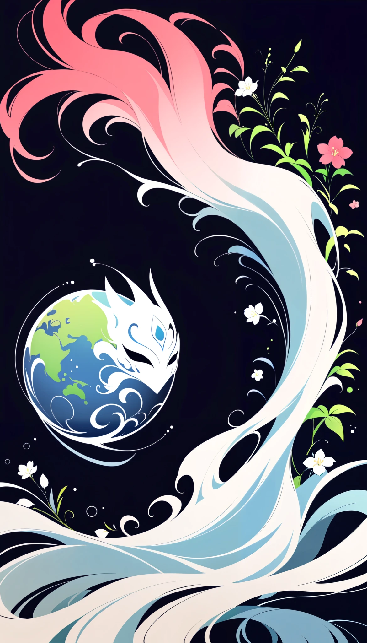 (Anime line drawing:1.5), (inverted colors:1.4), (negative space:1.6), minimalist, dark background, bright white glowing lines, Furina from Genshin Impact, graceful mask, serene expression, flowing hair, surrounded by delicate glowing flowers. Neon ink effect, high contrast, negative film style. Add feng shui elements: red glow (Fire), blue ripples (Water), green floral (Wood), gold sparkles (Metal), brown circles (Earth). Elegant, artistic.
